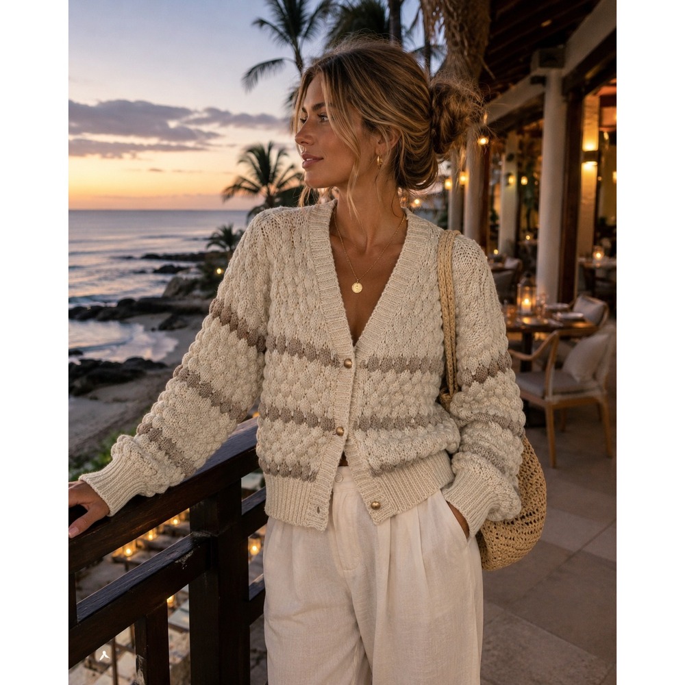 Endless Blu Large Ivory Taupe Chunky Knit Cardigan Coastal Resort Cozy Sweater
